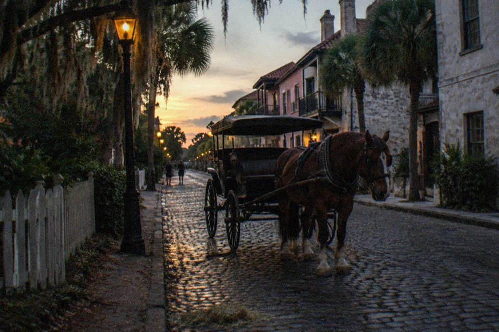 A horse-drawn carriage and old street lamp on a dim historic street