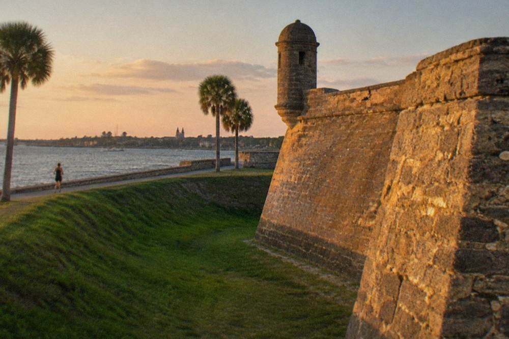 Coquina fortress walls of the Castillo de San Marcos at golden hour