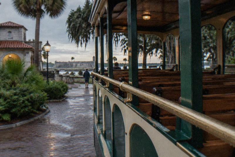 An open-air haunted trolley at night in St. Augustine, Florida