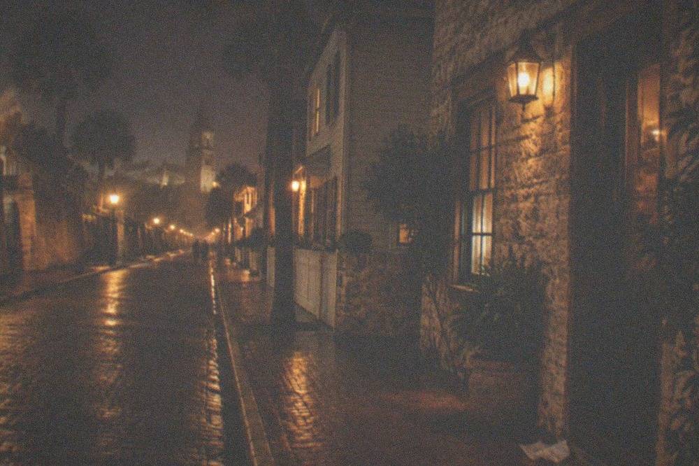 St. George Street in St. Augustine lit by warm lamps at night