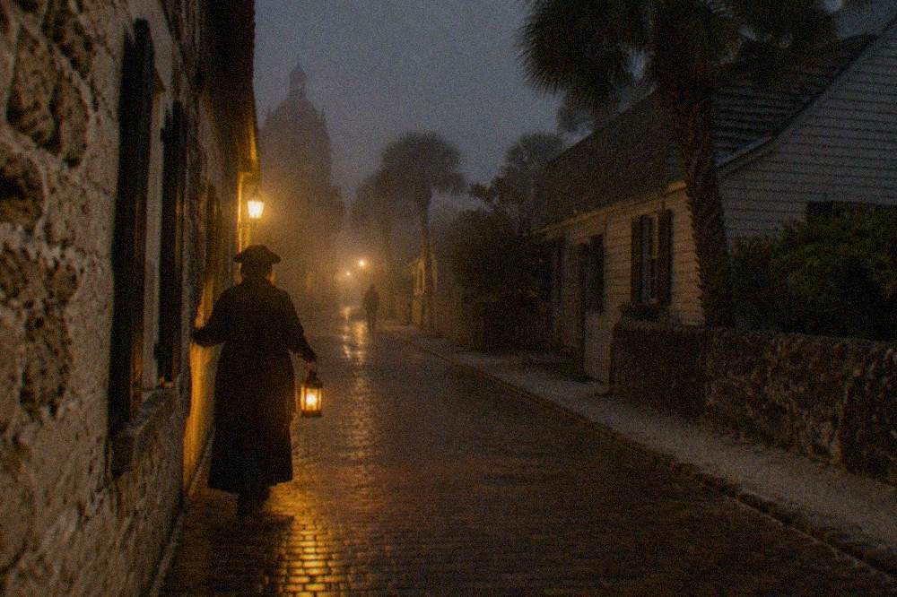 A dark historic St. Augustine street at night with lantern light on coquina walls